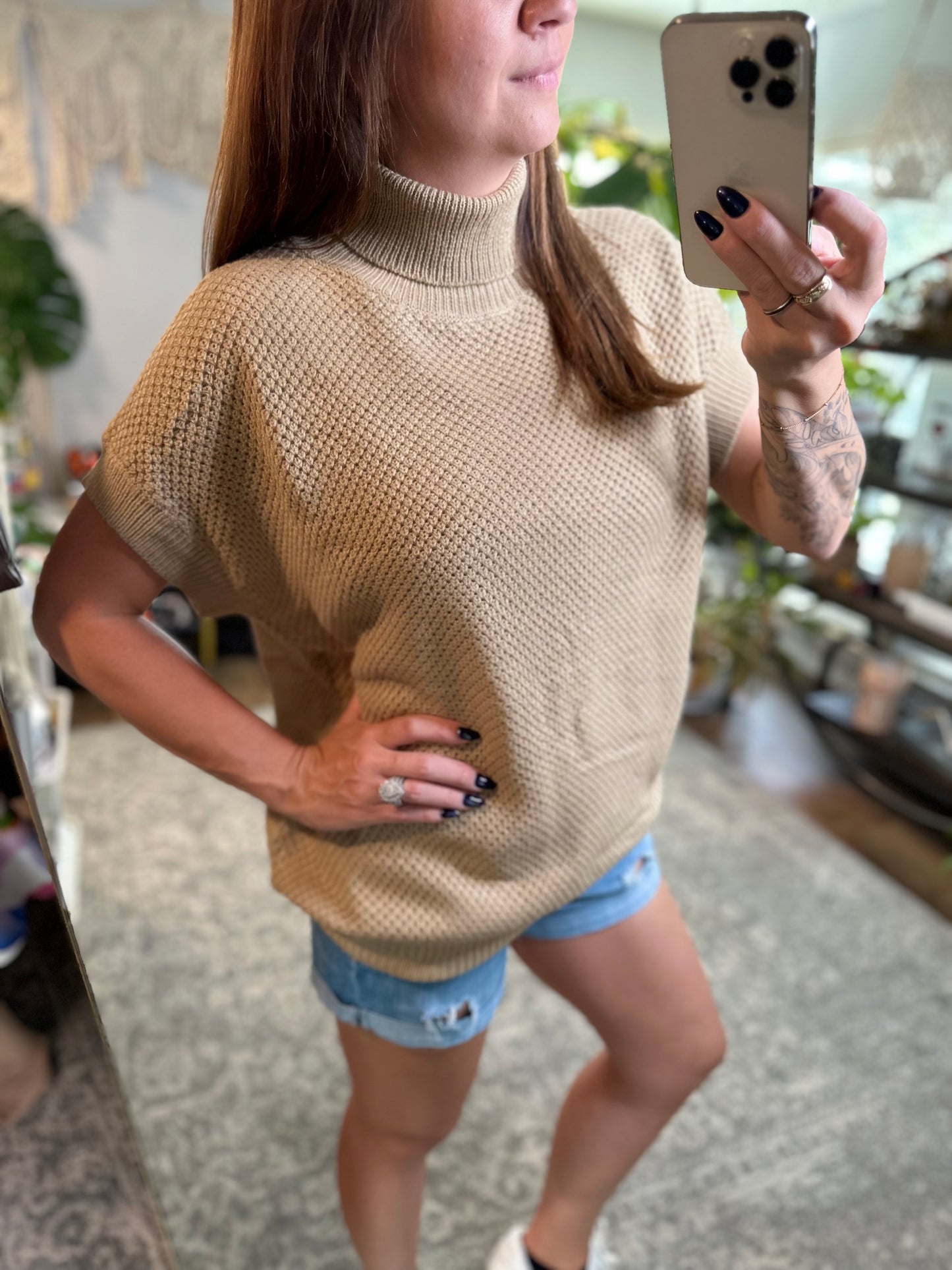 Khaki short sleeve turtleneck sweater top