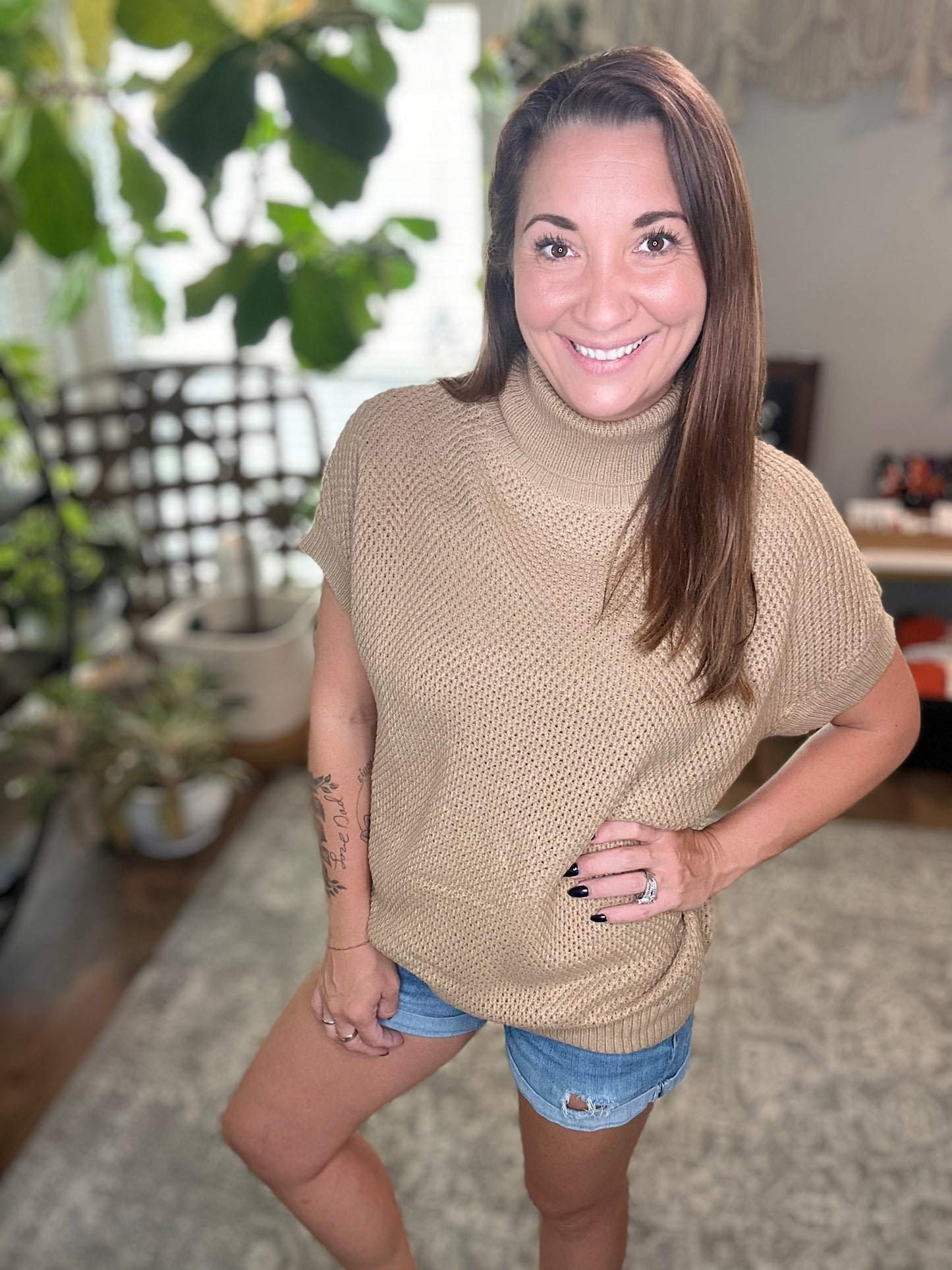 Khaki short sleeve turtleneck sweater top