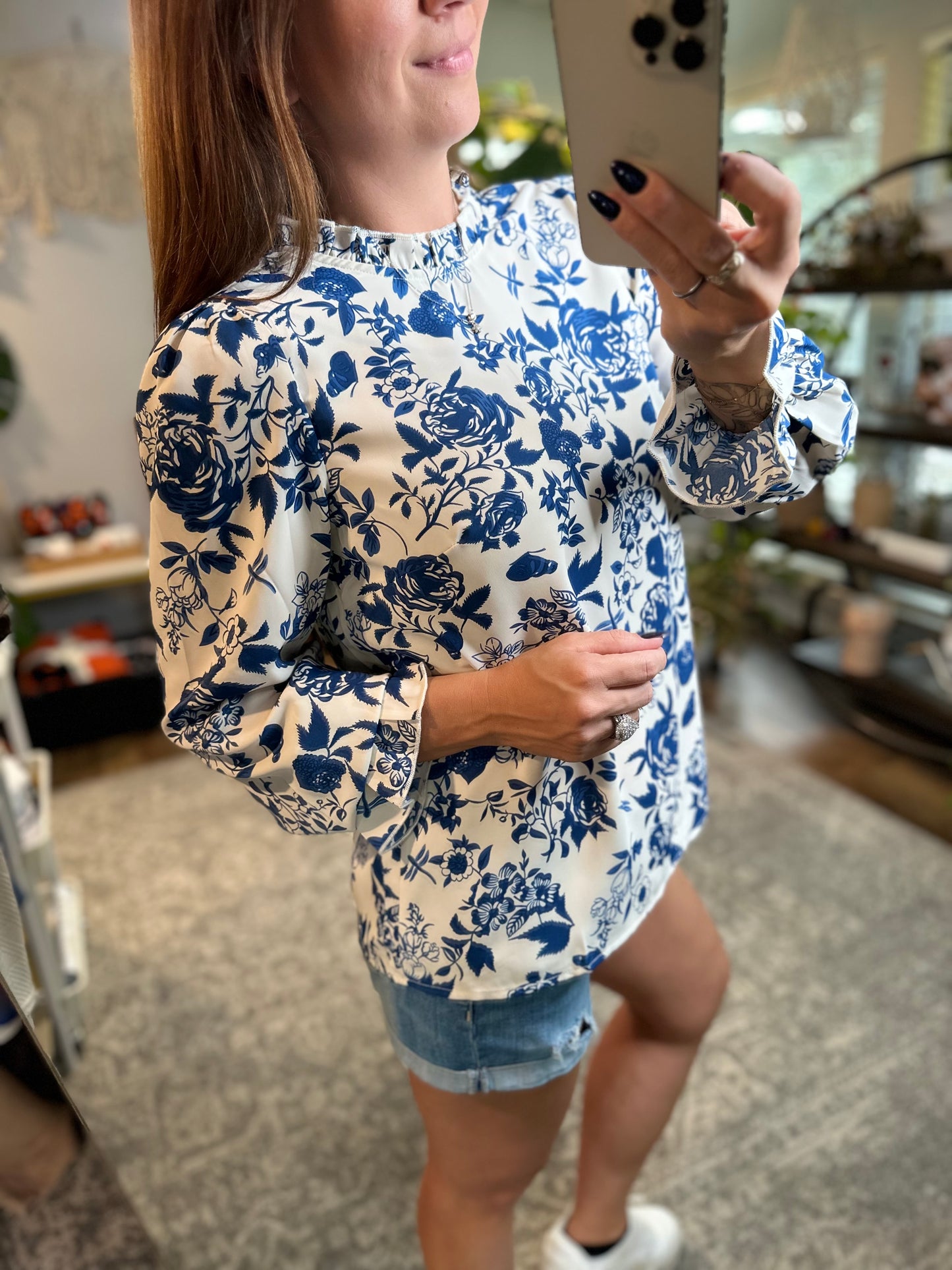 Elegant blue floral print blouse