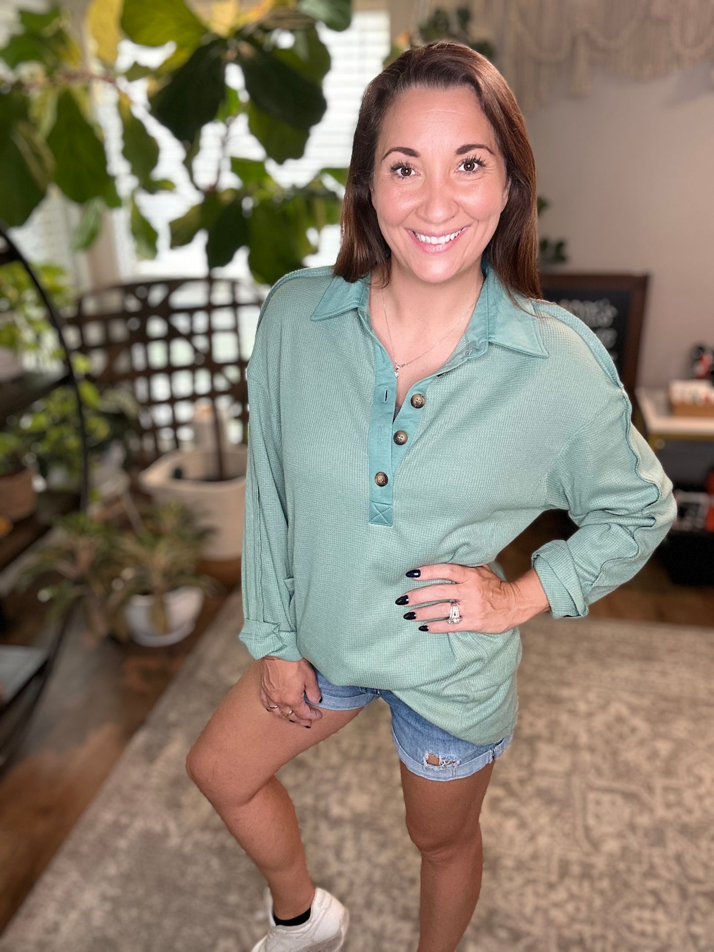 Green waffle collared top