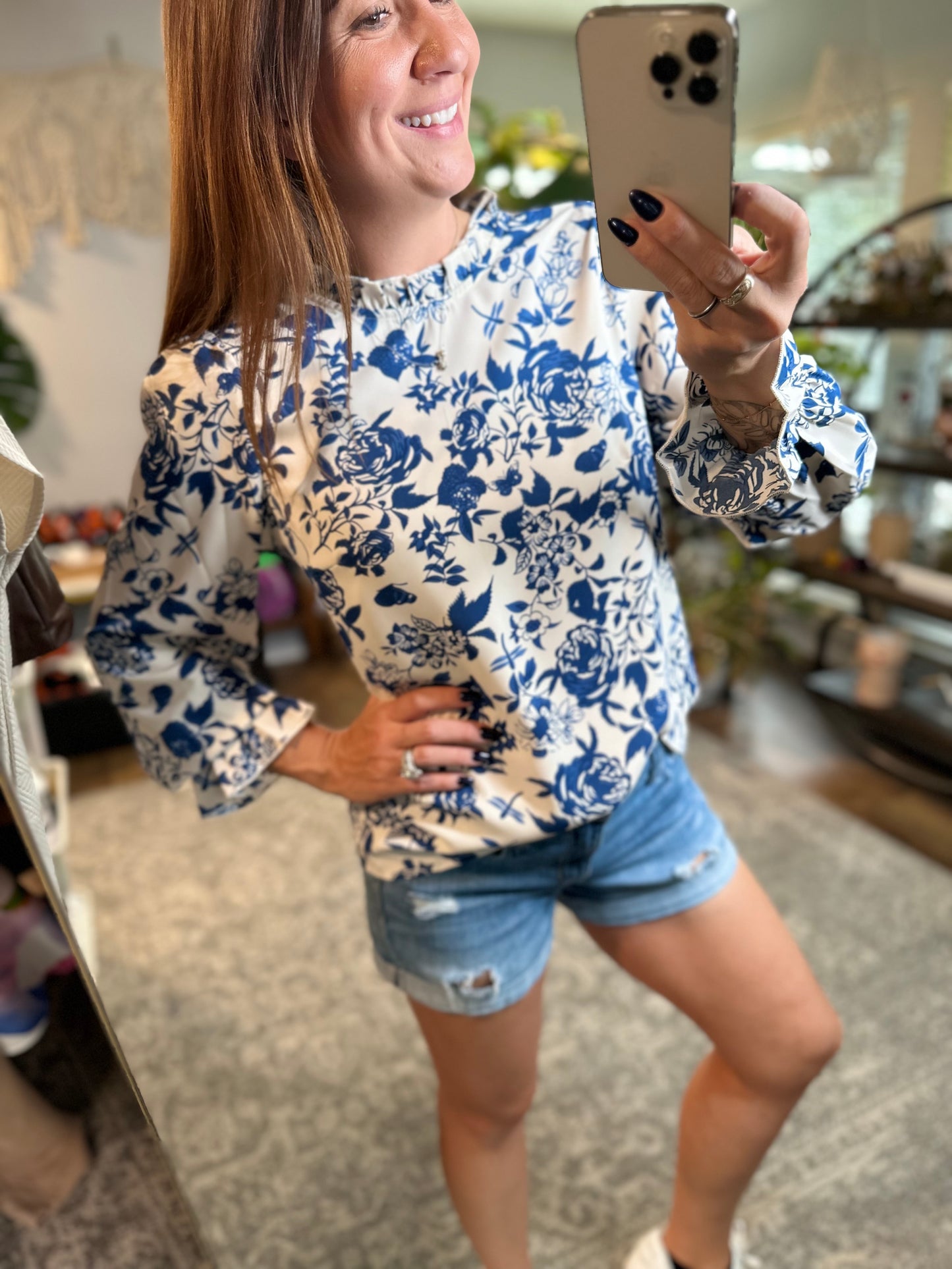 Elegant blue floral print blouse