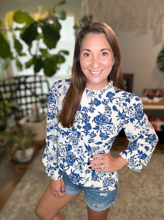 Elegant blue floral print blouse